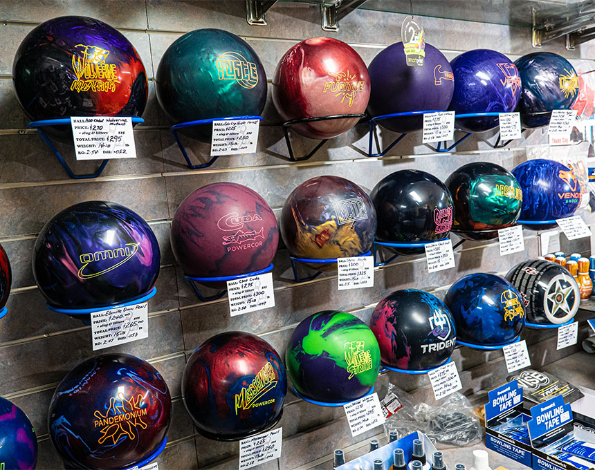 Wall of colourful bowling balls at Sunset Superbowl